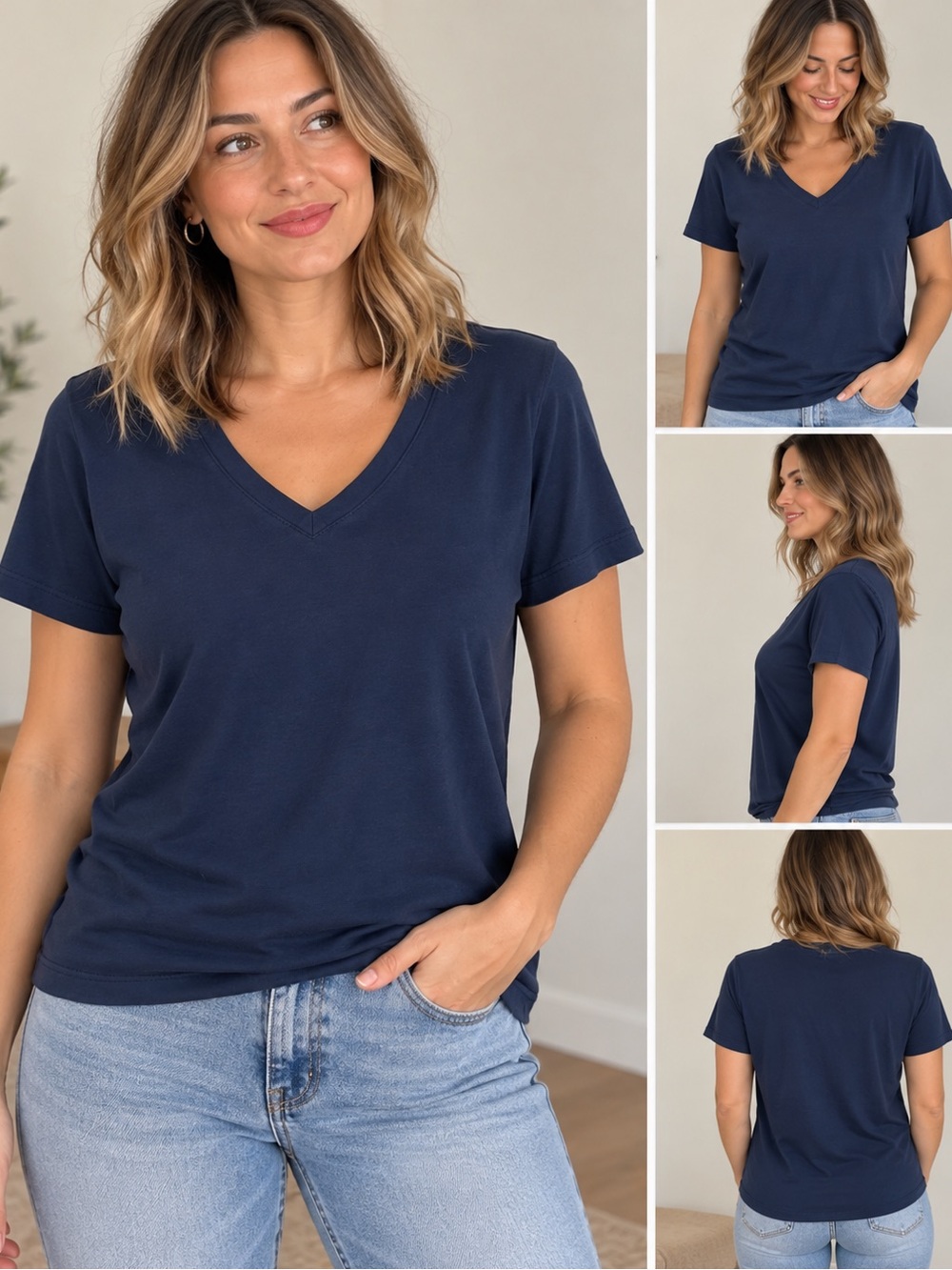 Saks Fifth Avenue Women's Navy V-Neck Short Sleeve Tee